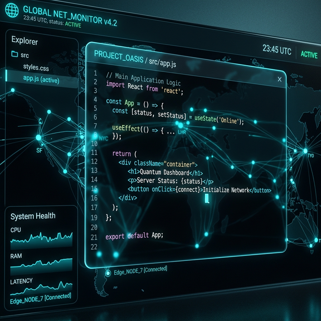 Futuristic web development code workspace mockup